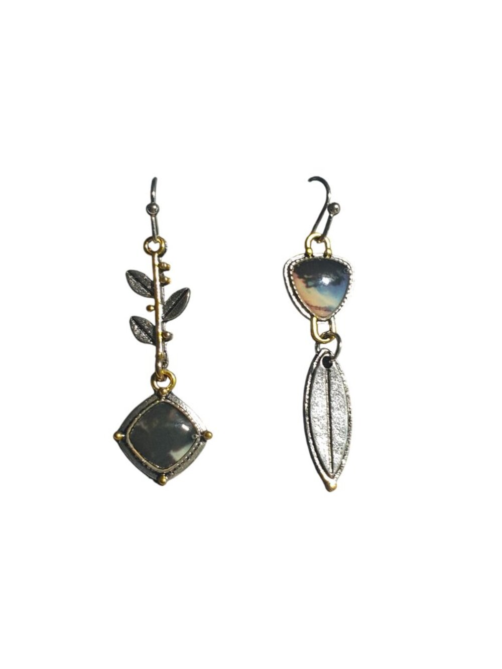 Dangle Earrings Boho Style Gold Tone Silver Accents Nature Leaf Stone Motif Gift - Picture 2 of 4